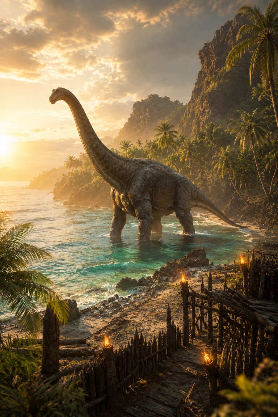 Sauropode an einer Küste im Abendlicht – ARK: Survival Ascended Server mieten