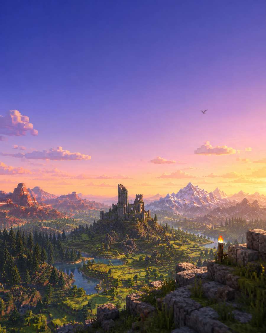 Weiter Blick über eine Voxel-Landschaft mit Burgruine und fernem geflügeltem Wesen – Better MC BMC5 Server bei DeinServerHost