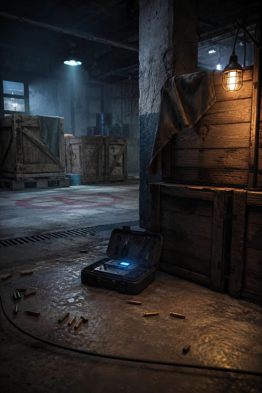 Defuse-Kit mit blauem Licht an einer Bombsite in einer Lagerhalle – Counter-Strike 2 Server mieten