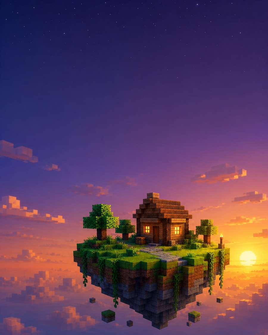 Schwebende Voxel-Insel mit kleinem Blockhaus im Abendlicht – kostenloser Minecraft Server bei DeinServerHost