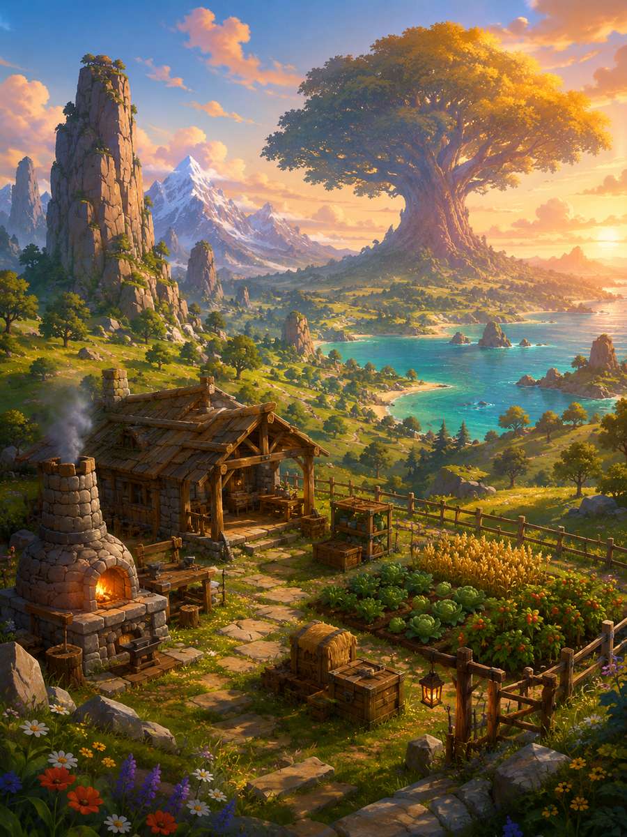 Palworld Server – farbenfrohe Fantasy-Landschaft mit Spielerbasis und großem Baum am Horizont
