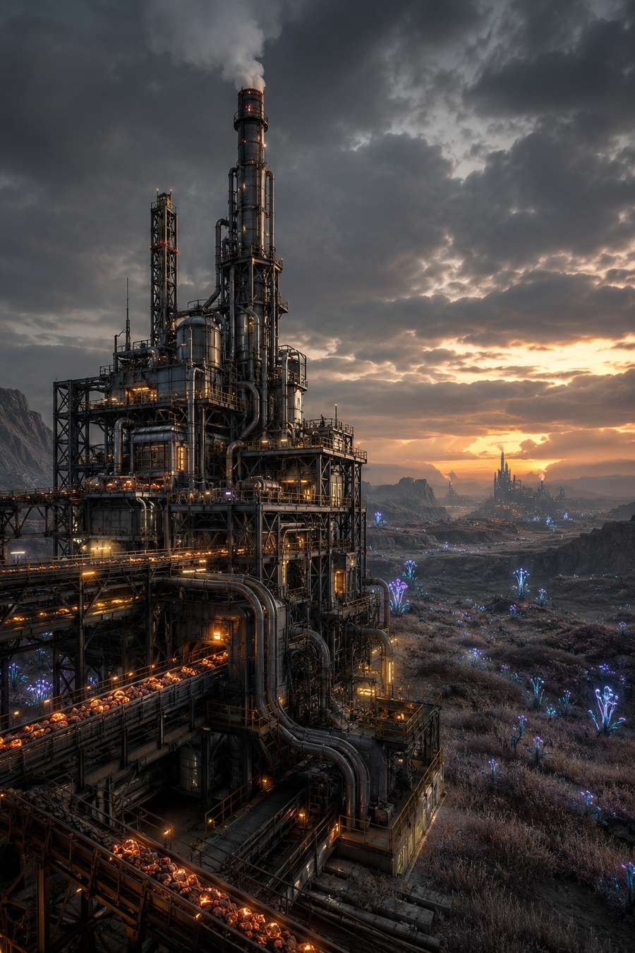 Große futuristische Fabrik mit Förderbändern und Rohrleitungen auf einem fremden Planeten als Motiv für Satisfactory Server Hosting