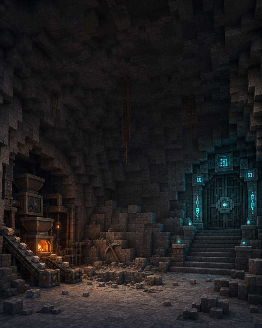 Aus dem Fels gehauene Voxel-Halle mit Maschinen und verschlossenem Tresortor – FTB StoneBlock 4 Server bei DeinServerHost
