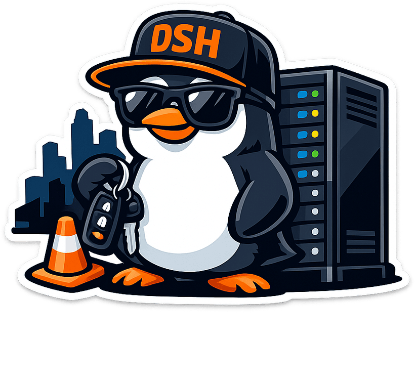 DeinServerHost-Pinguin mit Autoschlüssel vor einem Serverschrank – FiveM Server mieten