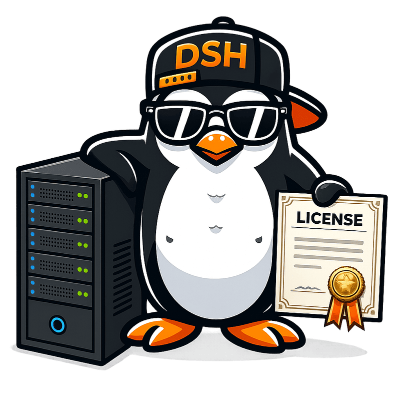DeinServerHost-Pinguin mit Serverturm und Lizenzurkunde – Plesk- und TekBase-Lizenzen mieten
