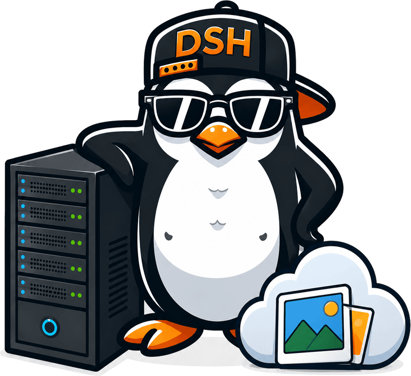 DeinServerHost-Pinguin neben einem Server und einer Cloud voller Fotos – Nextcloud Server mieten
