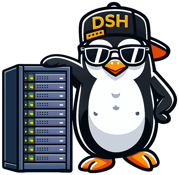 DeinServerHost-Pinguin neben einem Serverschrank – Colocation mieten
