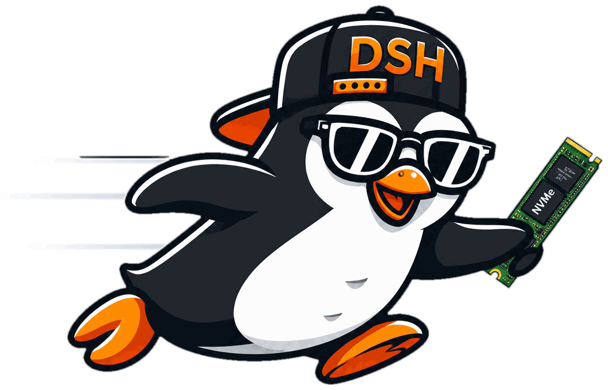 Rennender DeinServerHost-Pinguin mit NVMe-Riegel – Rootserver in 60 Sekunden eingerichtet