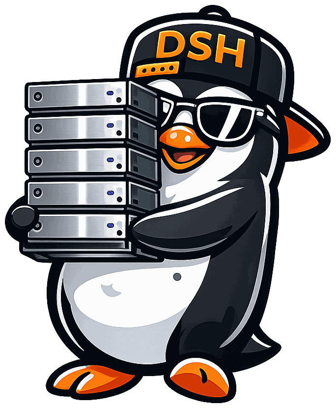 DeinServerHost-Pinguin trägt einen Stapel Festplatten – Cloud-Speicher mieten