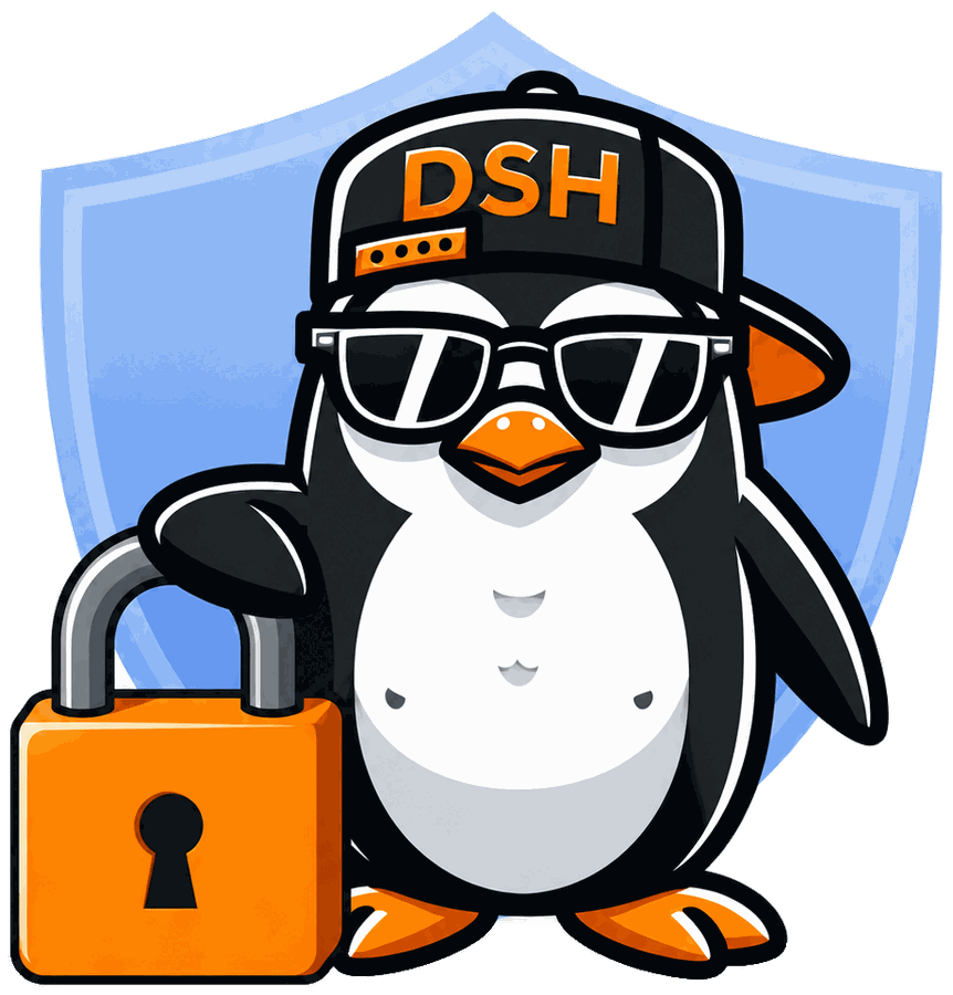 DeinServerHost-Pinguin mit Vorhängeschloss und Schutzschild – VPN mieten