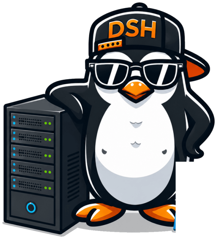 DeinServerHost-Pinguin neben einem Serverschrank – Windows Rootserver mieten
