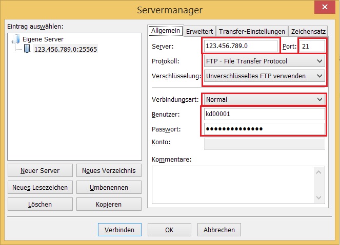 FileZilla Servermanager ausfüllen