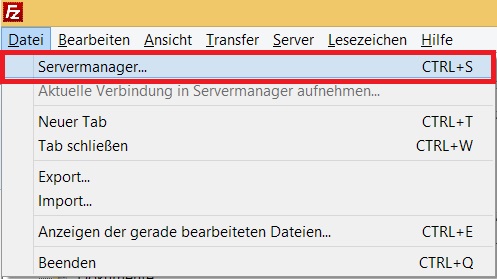 FileZilla Servermanager öffnen