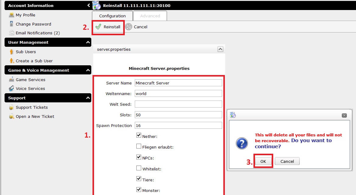 WHMCS Serverneuinstallation bestätigen